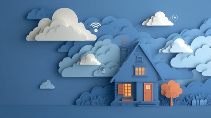 Minimal paper art of a cozy home with layered paper clouds and floating icons of security, Wi-Fi, and solar energy — smart home business concept