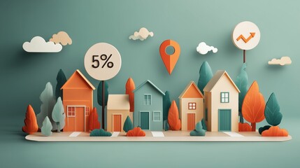 Paper art scene with a street of houses and floating icons: price tag, map pin, home value arrow — real estate app UI vibe