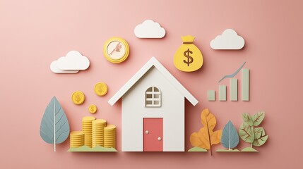 Paper cut-style house with floating icons of mortgage, money bag, and growth chart above the roof — clean business home finance scene, pastel backgroun