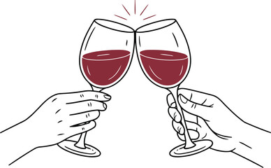 hands clinking wine glasses with red wine on dark background symbolizing celebration, toast, and social gathering