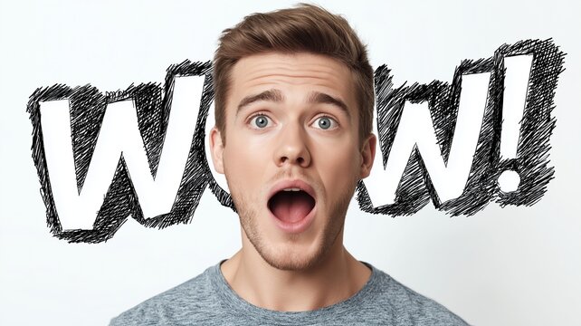 Young man with surprised expression and open mouth in front of white background with large comic style WOW text, showing excitement and amazement