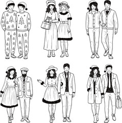 A set of six monochrome, chalk-style illustrations depicting various happy couples dressed in festive Christmas and winter holiday attire, including Santa hats