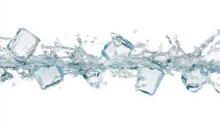Refreshing Ice Cubes Splashing in Clear Water Stream