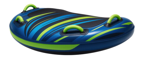 Inflatable towable sled with a streamlined design and vibrant blue and green graphics for water sports