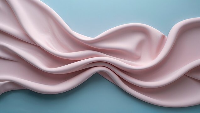 Elegant smooth flowing light pink fabric on a pastel blue background. Minimalist luxury wavy silk folds wallpaper.