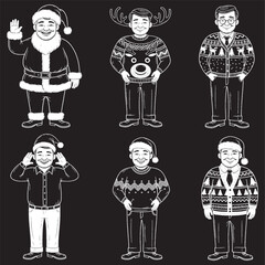A set of six monochrome, chalk-style illustrations depicting various happy adult male figures in festive Christmas attire