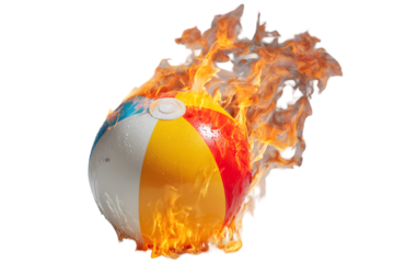A colorful beach ball engulfed in flames, creating a striking contrast against a clear background