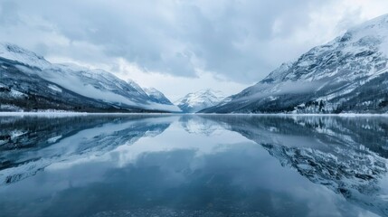 A calm lake reflecting snowy mountains under a cloudy sky. stock photo --ar 16:9 --raw --v 6 Job ID: 69b62844-b506-4bbb-95af-0fbfb0c5d769