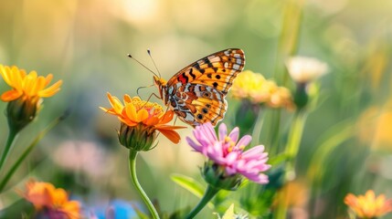 Fototapeta premium A butterfly sitting on a colorful flower in a meadow. stock photo --ar 16:9 --raw --v 6 Job ID: a3d832c7-492f-453d-a393-b43fdd8385b5