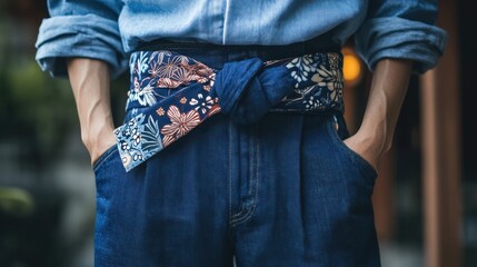 Person wearing denim pants with a floral patterned obi belt.