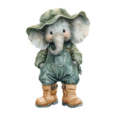 Cute Baby Elephant in Overalls and Hat with Boots – Watercolor Animal Illustration for Kids, isolated with transparent background