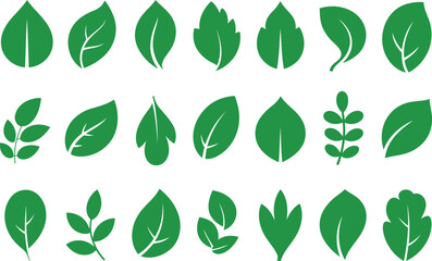 collection of twenty green leaf icons in assorted shapes and vein patterns arranged in two rows for natural graphic design use