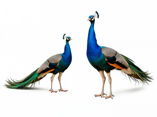 Obraz premium Two peacocks standing together with vibrant feathers against white background 