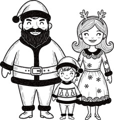 A monochrome, chalk-style illustration of a happy family of three - Santa Claus, a mother with reindeer antlers, and a child in a Christmas sweater - standing together