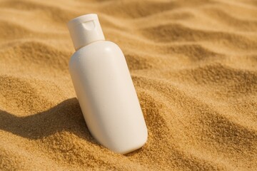 White Sunscreen Bottle Resting on Sandy Beach Texture