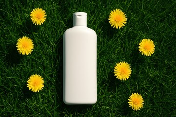 White Cosmetic Bottle Surrounded by Dandelions on Grass