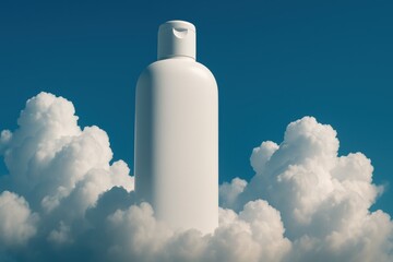 White Cosmetic Bottle Floating Among Fluffy Sky Clouds