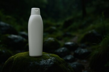 White Cosmetic Bottle on Mossy Rock in Forest Setting