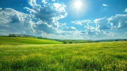 Obraz premium Green countryside with wildflowers under a bright summer sky stock photo --ar 16:9 --raw --v 6 Job ID: c65319fc-af89-40ee-bdbb-46100c336474