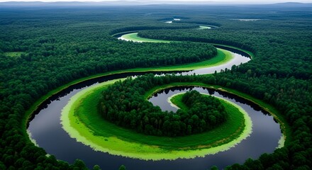 Winding river through lush green forest from aerial view