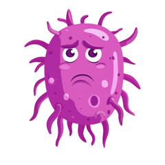 Bacteria SAD concept. Sad purple cartoon germ with tentacles, frowning face, and glossy texture transparency background