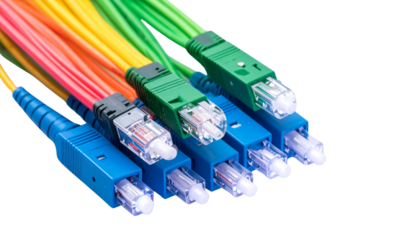 Glowing Multicolored Fiber Optic Cables Isolated on White Background