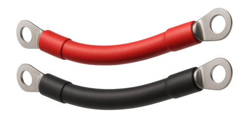 Red and black insulated battery cables with ring terminals for RV installations