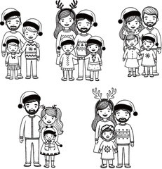 A set of six monochrome, chalk-style illustrations depicting diverse happy families