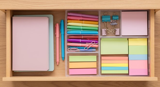 Overhead shot of an organized drawer containing notebooks, pens, paperclips, and sticky notes in various colors.