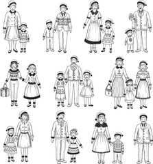 A set of nine monochrome, chalk-style illustrations featuring various families and individuals in festive winter attire