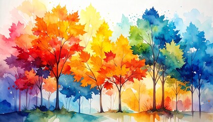 Watercolor painting of trees with vibrant, rainbow-colored leaves, creating a bright and cheerful forest scene.