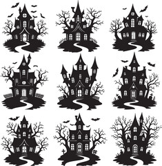 Set of Haunted House Silhouettes with Spooky Trees and Bats – Halloween Vector Illustration Collection