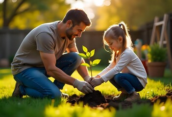 Fototapeta premium father and daughter in the garden planting a sapling together