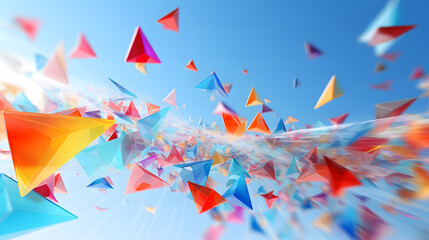 Vibrant geometric prisms floating against clear sky. Neural network AI generated