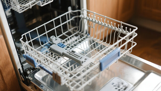 Empty silver dishwasher rack inside a modern kitchen appliance
