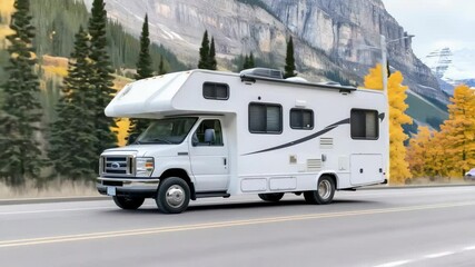 A recreational vehicle drives along a scenic road surrounded by vibrant autumn trees and majestic mountains in the background