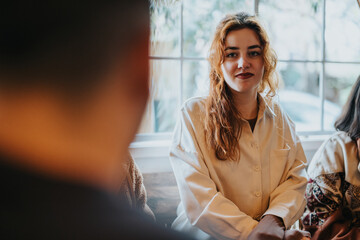 A young woman wearing a white shirt smiles warmly while seated indoors during a social occasion....