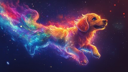 Golden retriever puppy running through colorful vibrant universe