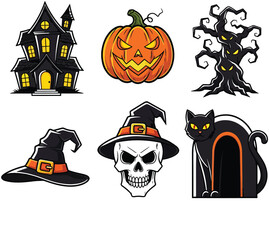 Halloween Cartoon Icons Set – Haunted House, Pumpkin, Spooky Tree, Witch Hat, Skull, and Black Cat Illustration