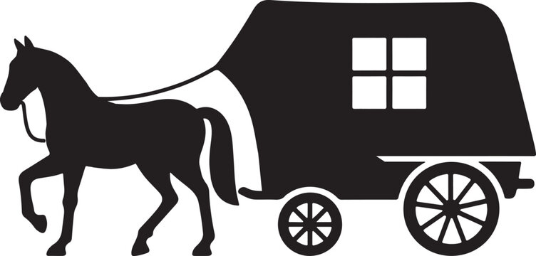 Wooden covered wagon silhouette with horse, covered wagon silhouette, vector illustration