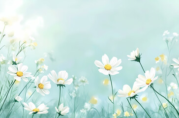 Beautiful White Cosmos Flowers in Light Teal Background