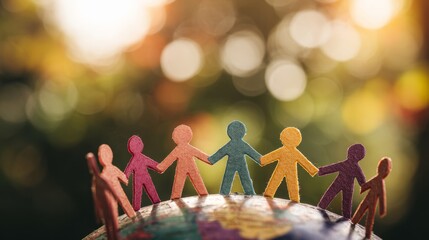 Colorful paper cutouts of people stand together on a globe showing unity and global community