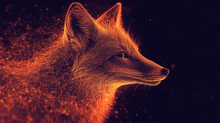 Fiery fox emerging from particles on dark background