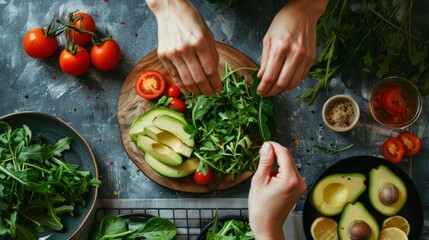 Person preparing a healthy salad with avocado, greens, and tomatoes stock photo --ar 16:9 --raw --v 6 Job ID: 6da7db70-61bf-462b-be59-8114d2040d79