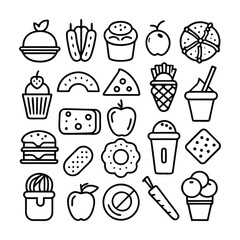 A delightful vector illustration set of fast food icons, featuring delicious breakfast, burger, pizza, cake, coffee, and sweet dessert designs