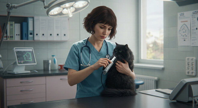A Tender Moment: Veterinarian Checking a Black Cat with a Digital Thermometer During a Routine Checkup in a Modern Clinic - Powered by Adobe