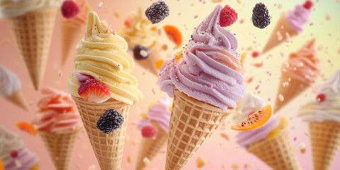 Floating waffle cones filled with soft-serve ice cream in vibrant fruit flavors captivate with swirled, glossy textures. Pastel backgrounds create a playful contrast to this frozen treat display.