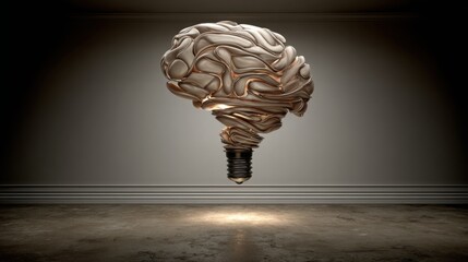 Futuristic light bulb shaped like a brain representing innovative ideas and ai co-creation in a modern business space