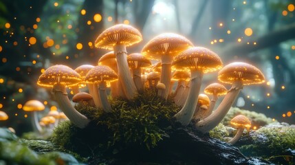 Glowing mushrooms growing on mossy log in enchanted forest at night