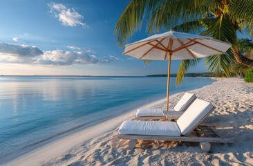 A serene beach scene with two sun loungers under an umbrella, surrounded by white sand and palm trees against the backdrop of a clear blue sky at sunset
